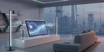 Futuristic living room with integrated smart devices and ambient lighting
