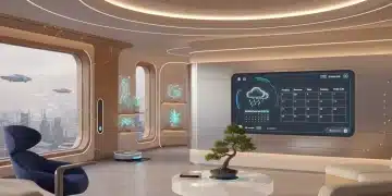 Futuristic smart home living room with integrated gadgets and warm lighting.