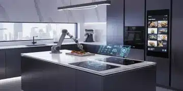 Futuristic smart kitchen with integrated appliances and voice assistant