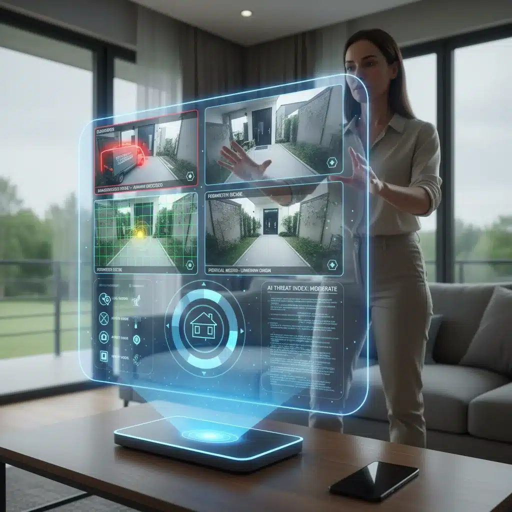Holographic display showing AI-powered smart home security feeds