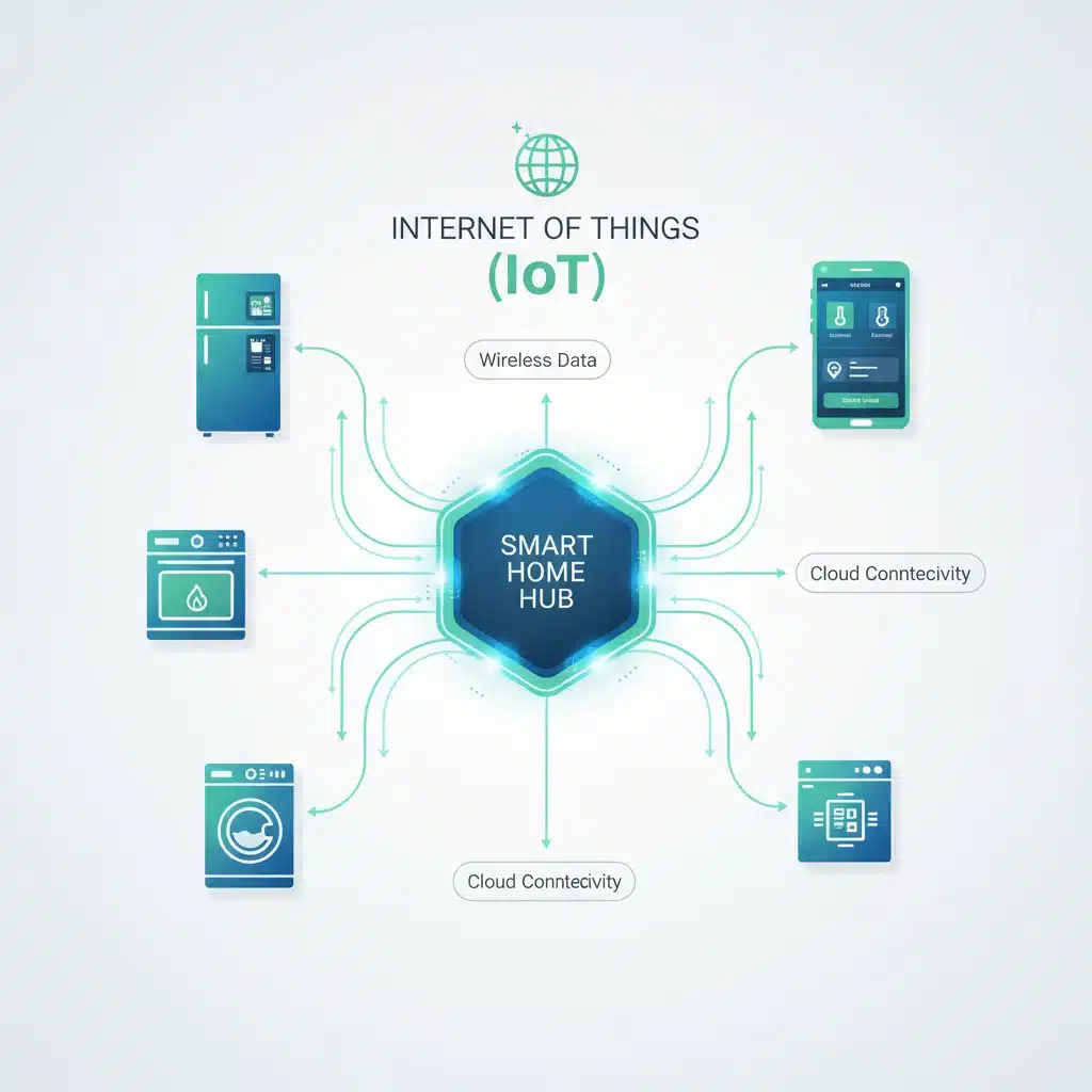 Infographic showing interconnected smart home devices and IoT