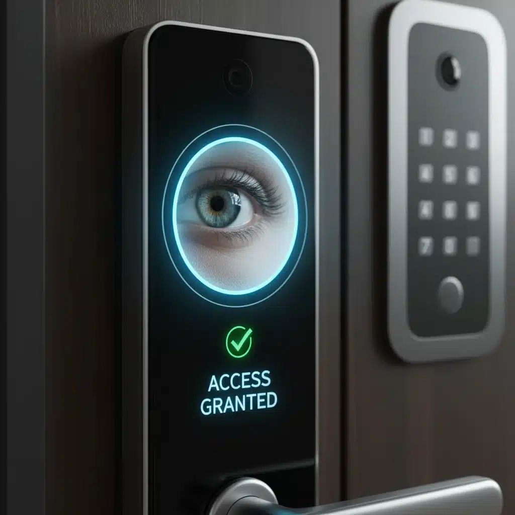 Iris recognition biometric scanner on a smart home door lock