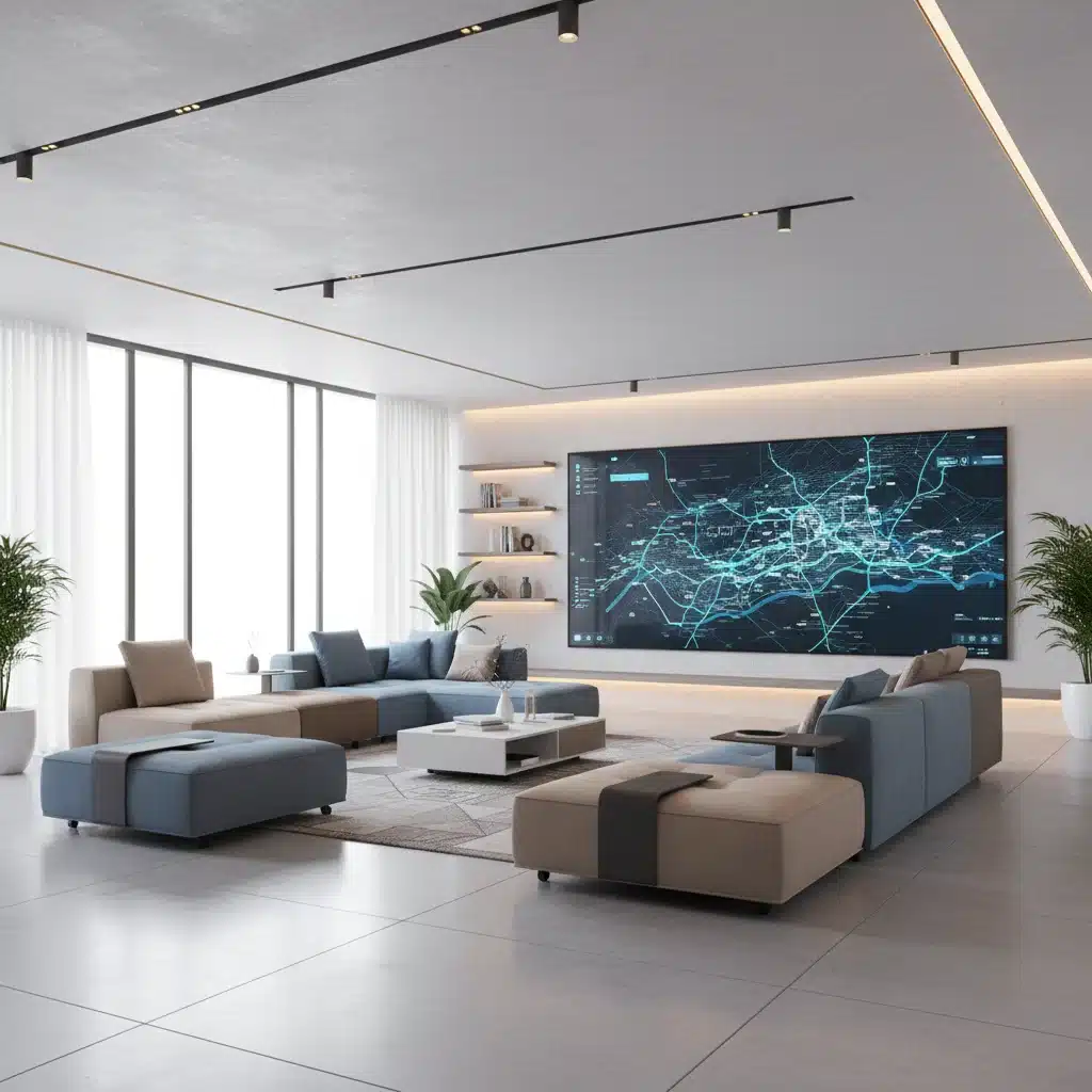 Modern modular smart home living room with reconfigurable furniture and interactive wall display.