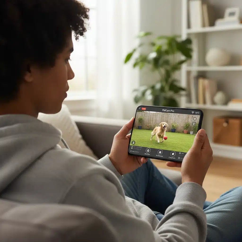 Person viewing live pet camera feed of their dog playing on a smartphone.