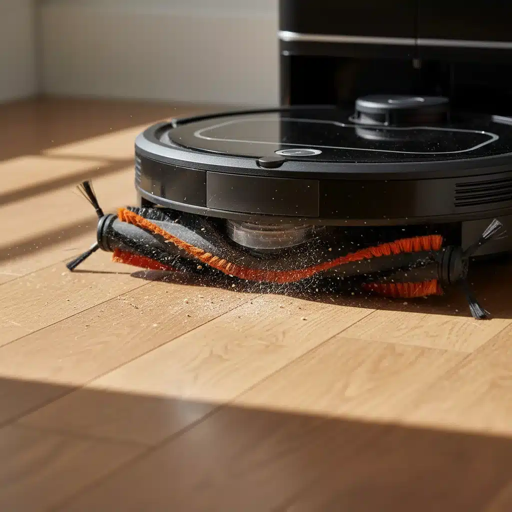 Robot vacuum brush cleaning hardwood floor