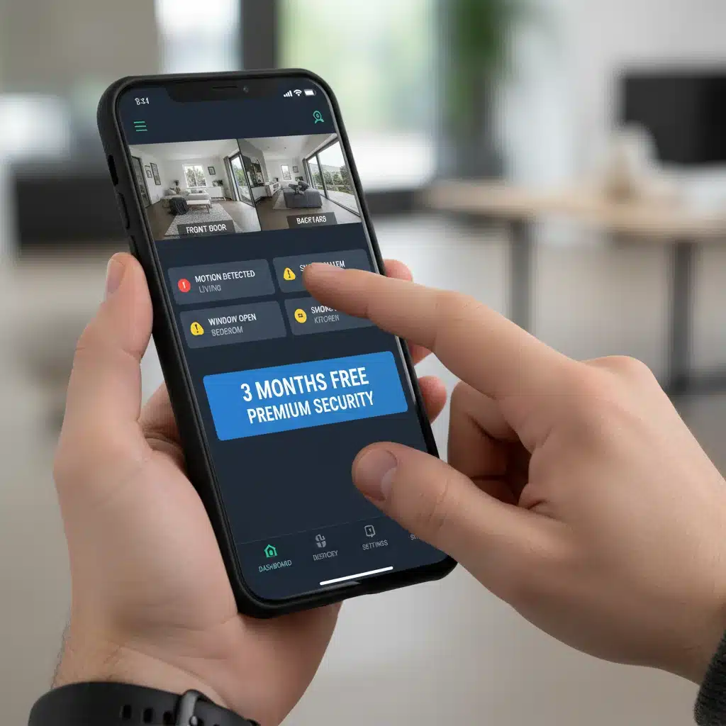 Smartphone app showing 3 months free smart home monitoring offer