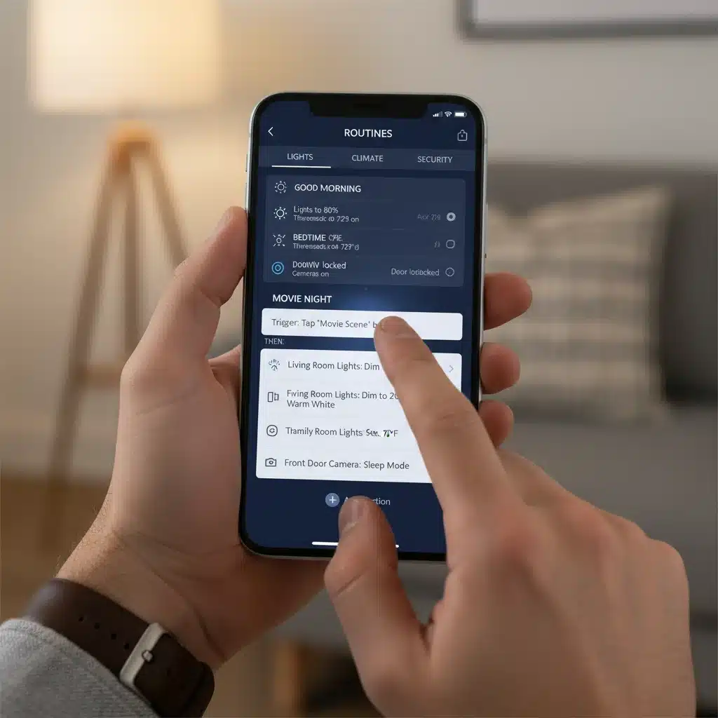 Smartphone displaying smart home app interface for setting up automation routines for lighting and climate control.