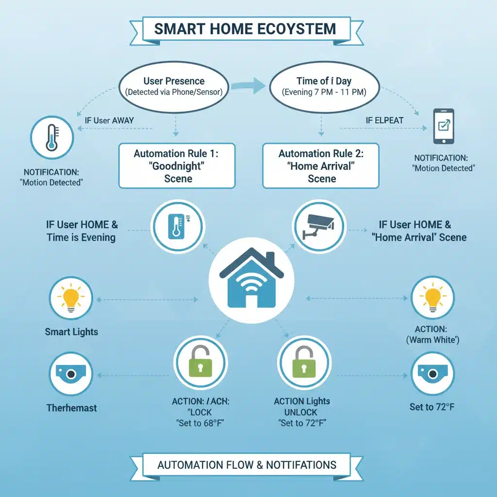 Diagram of smart home automation rules for conditional notifications