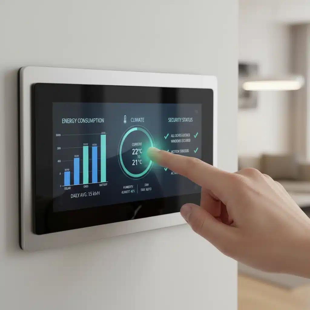 Close-up of a smart home control panel showing energy and climate data with a hand interacting.