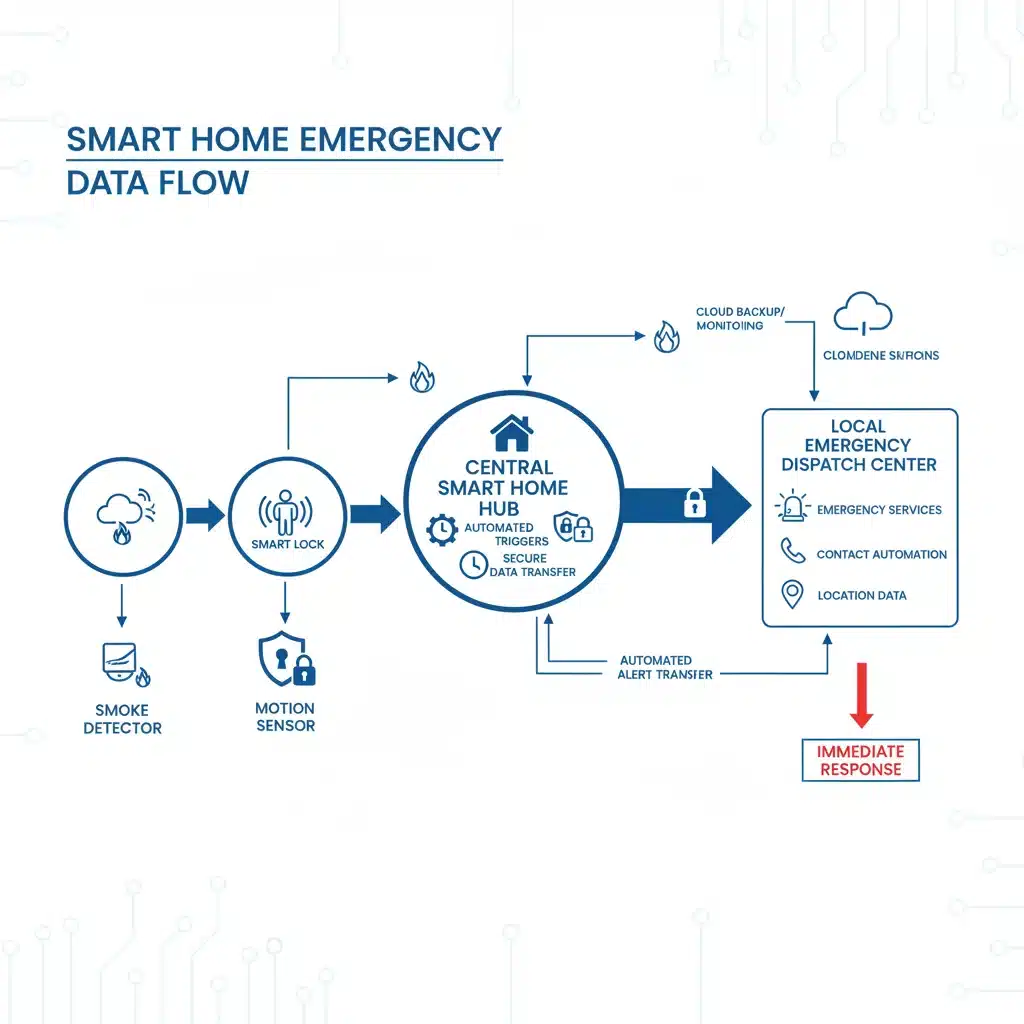 Diagram of smart home sensor data flow to emergency services