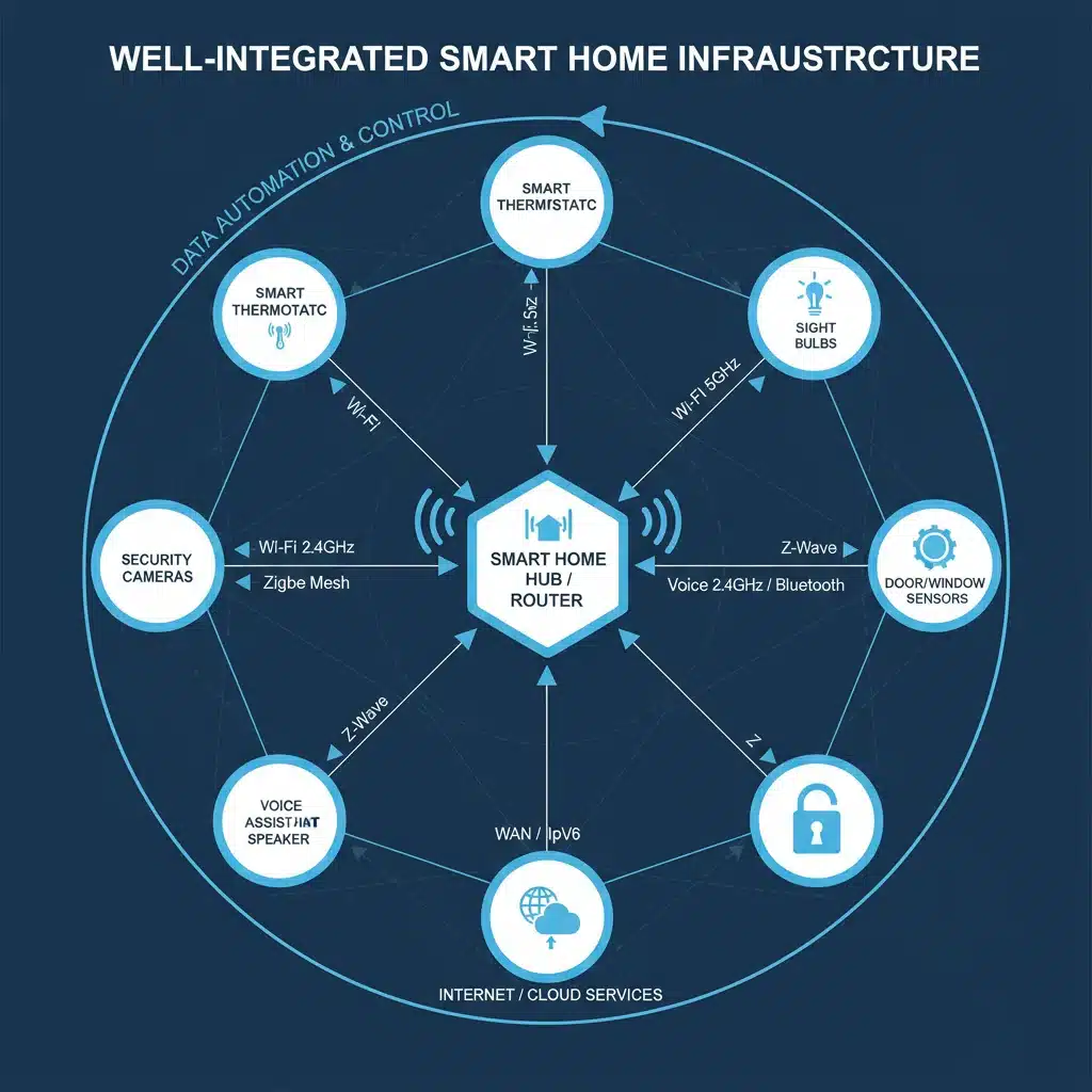 Network diagram illustrating smart device connectivity and communication protocols