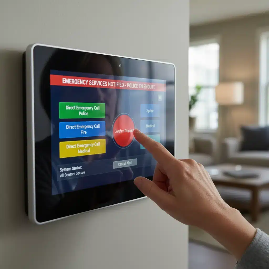 Homeowner interacting with smart home panel for emergency dispatch