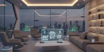 Futuristic smart home living room with automated lighting and integrated smart devices, representing modern convenience.