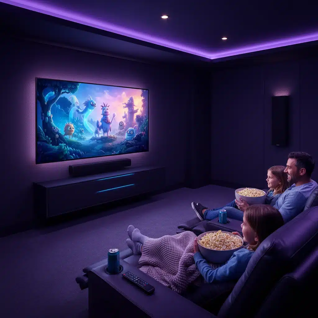 Family enjoying movie night with smart home theater system.