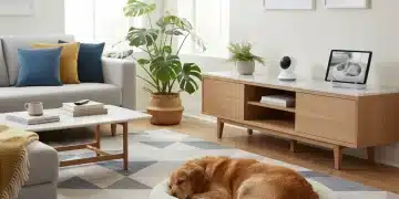 Golden retriever sleeping peacefully in a smart home setting with pet monitoring camera visible.