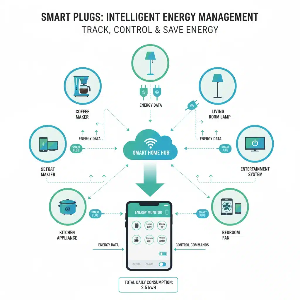 Infographic showing smart plugs monitoring energy consumption of multiple appliances.