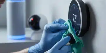 Person cleaning smart thermostat, smart home maintenance