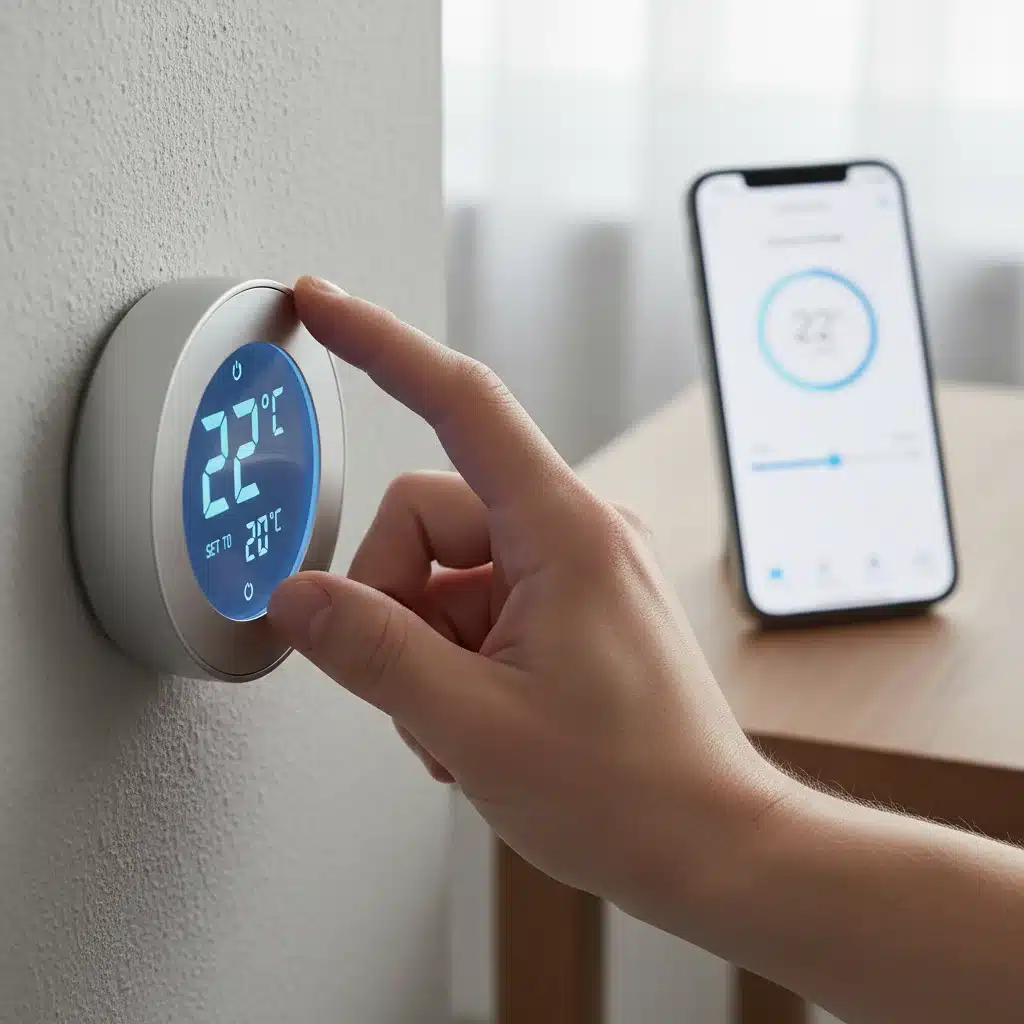 Hand adjusting smart thermostat with mobile app integration.
