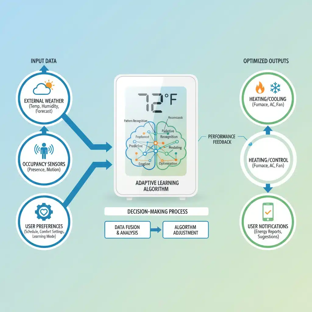 Infographic showing adaptive learning algorithm data flow for smart thermostat