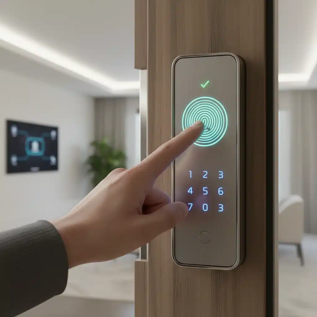 Hand scanning fingerprint on a smart lock, demonstrating biometric access and modern technology