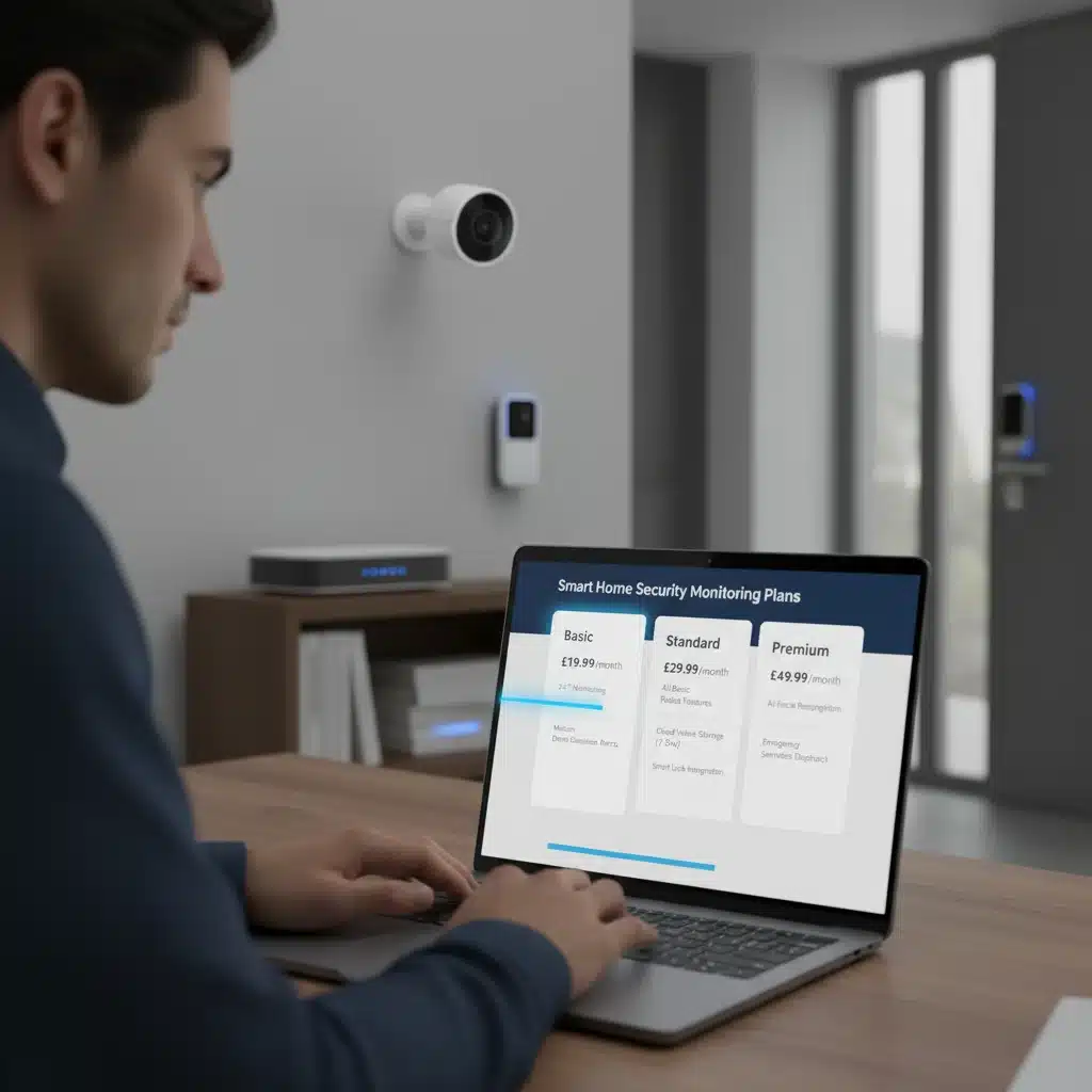 Person comparing smart home security monitoring plans on a laptop to find cost-effective options
