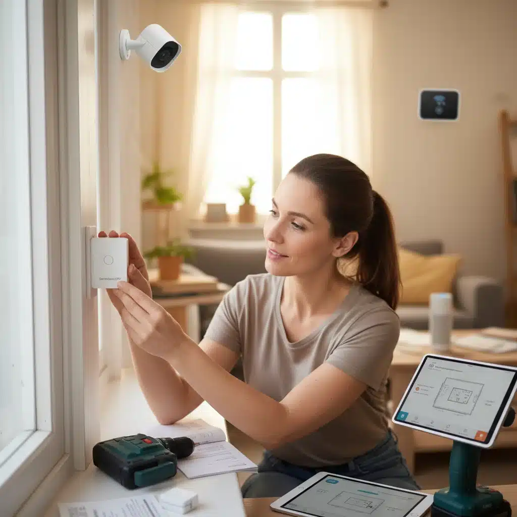 Homeowner installing DIY smart home security sensor on window for self-monitoring savings