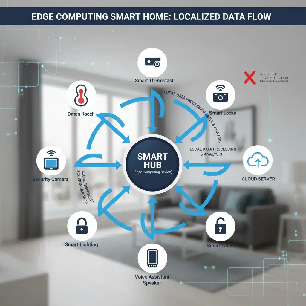 Diagram showing data processing locally within an edge computing smart home network