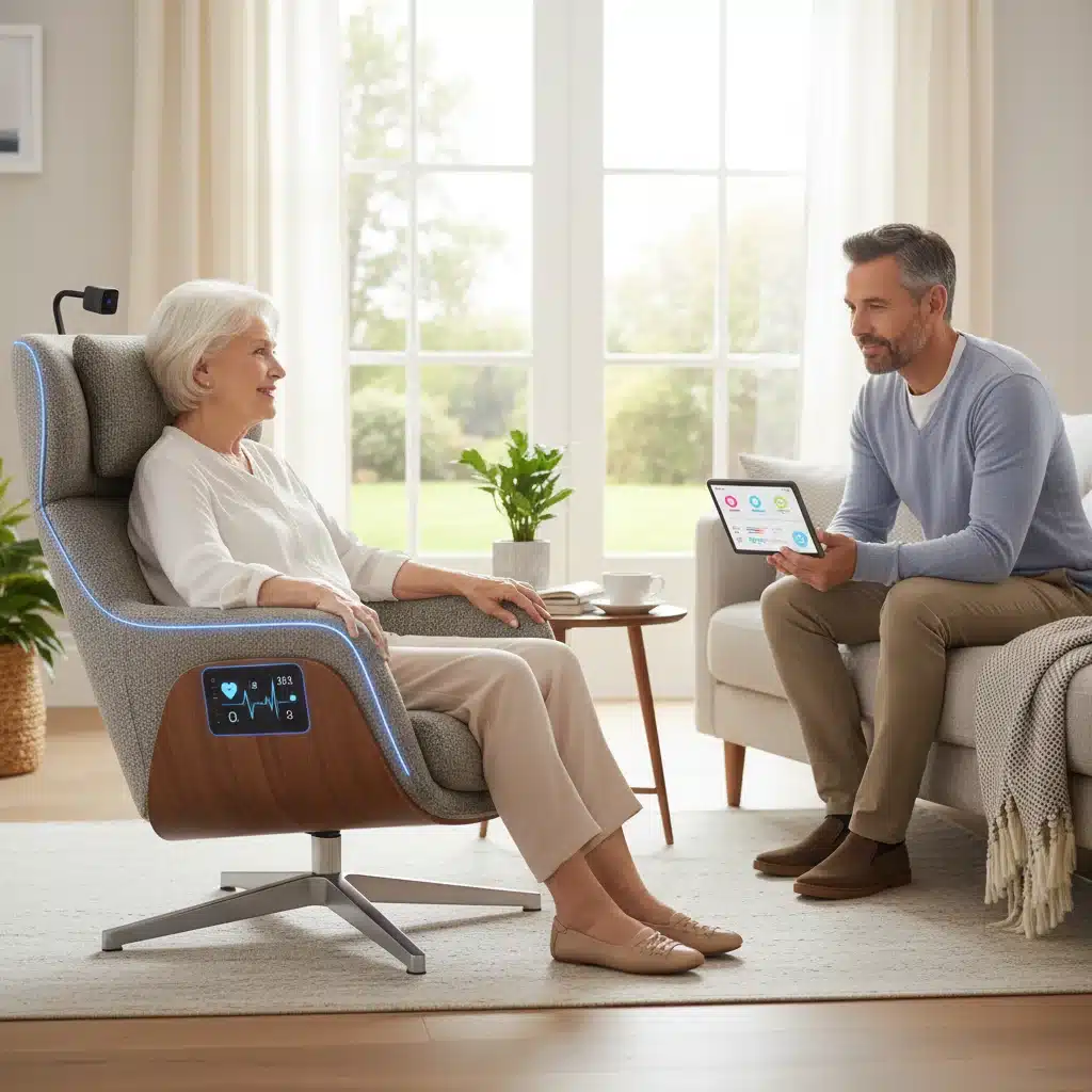 Elderly person using a smart armchair for health monitoring, with caregiver reviewing data.