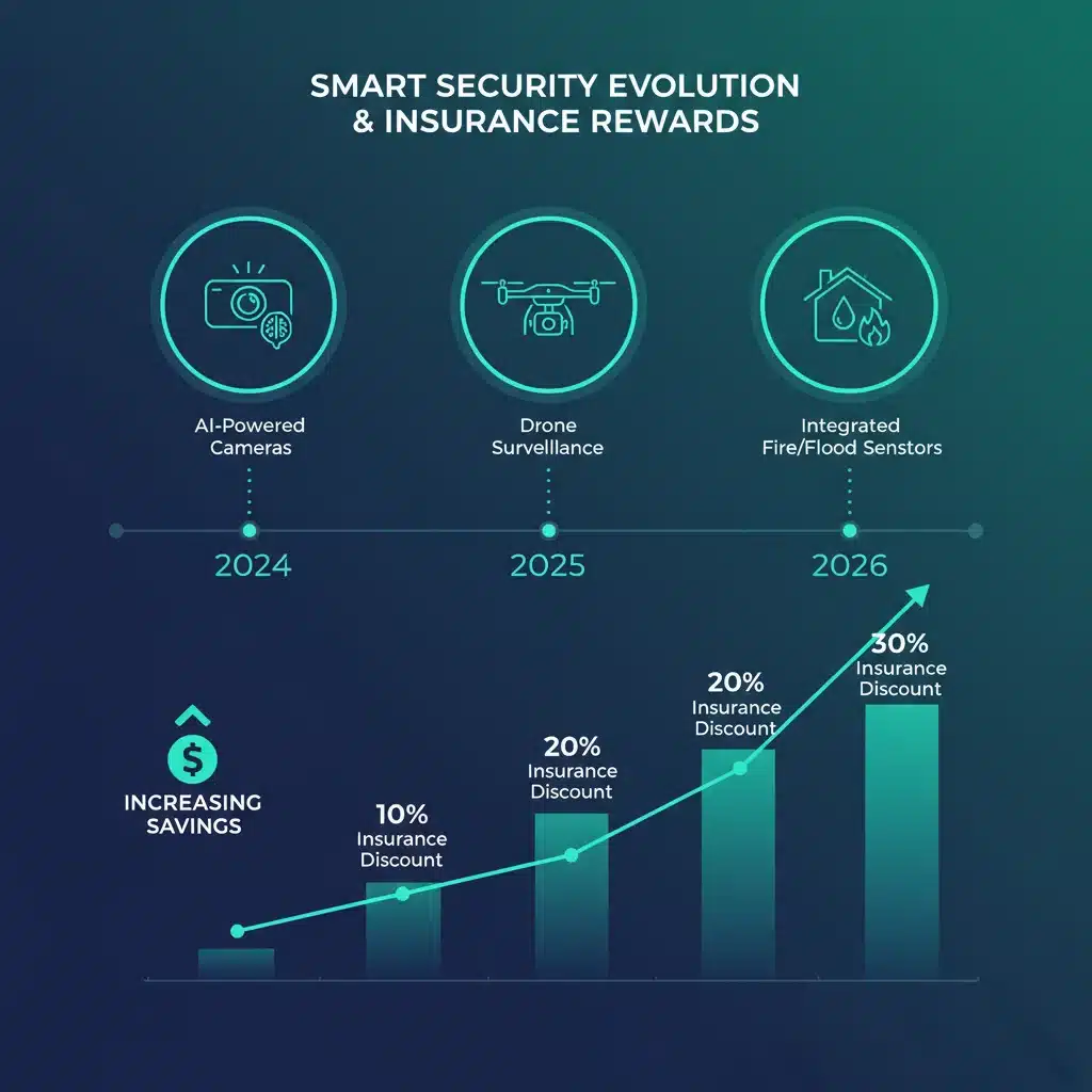 Timeline showing evolution of smart security technology and increasing insurance discounts