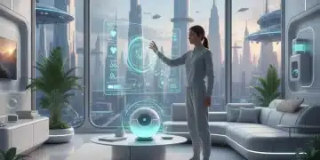 Futuristic smart home displaying integrated health monitoring systems and holographic vital sign data.