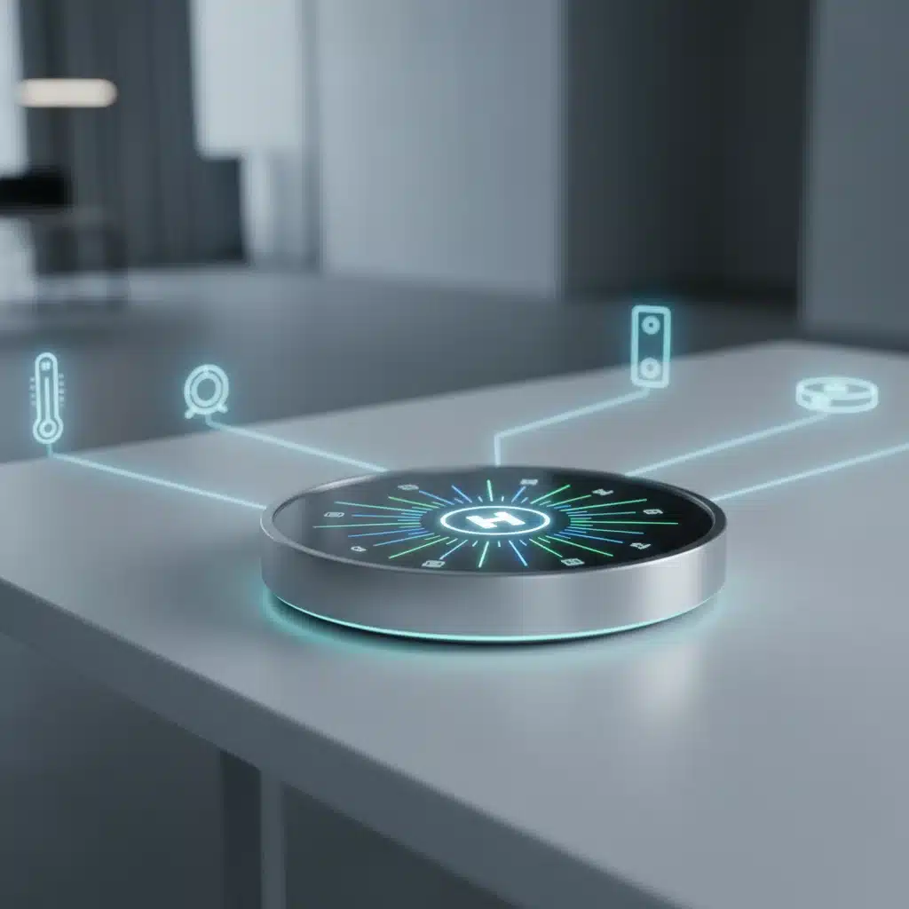 Sleek smart home hub device with glowing LED indicators, centralizing smart home control.