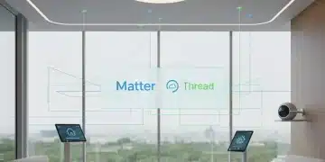 Futuristic smart home interior with interconnected Matter and Thread devices in 2026