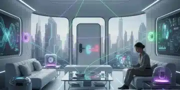 Futuristic smart home setup with a person troubleshooting connectivity on a tablet.