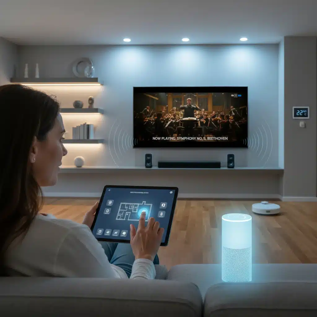 User seamlessly interacting with a responsive smart home system powered by edge computing