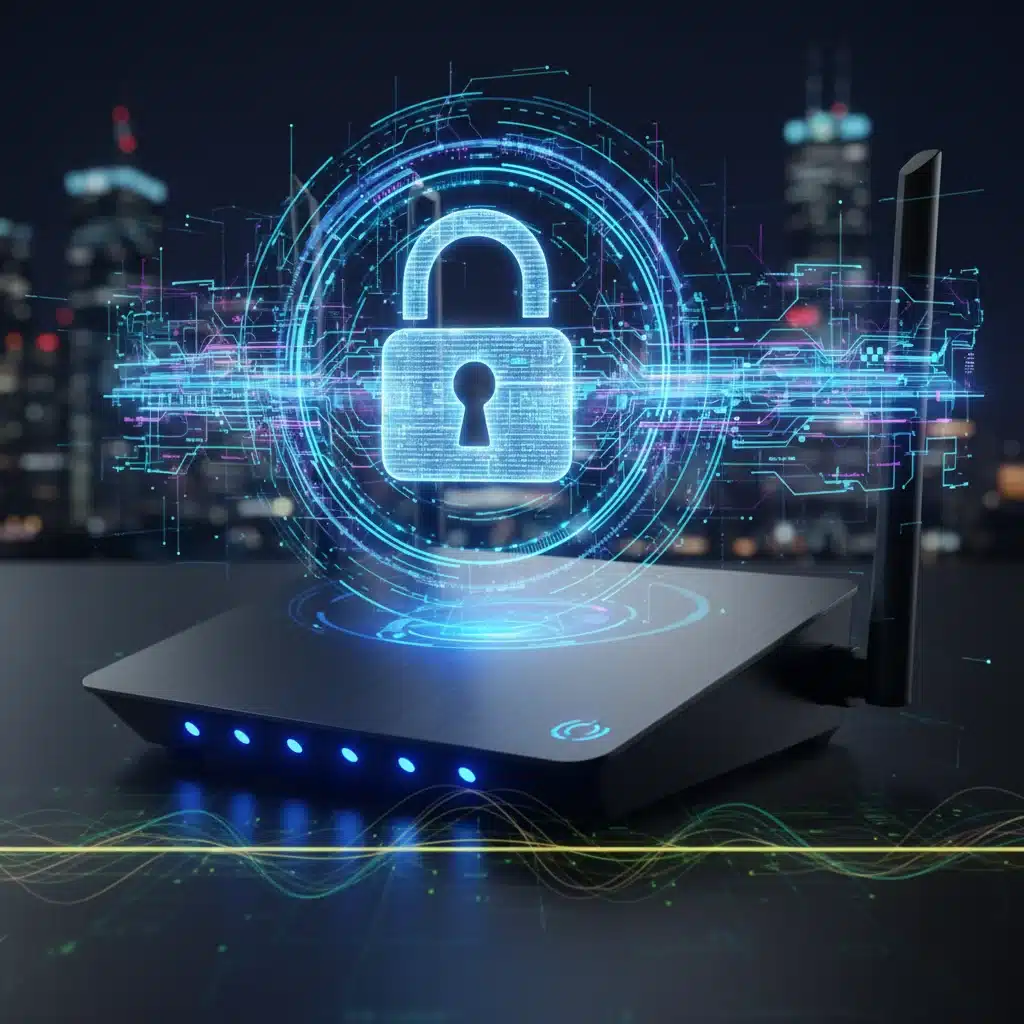 Secure Wi-Fi router with glowing security indicators