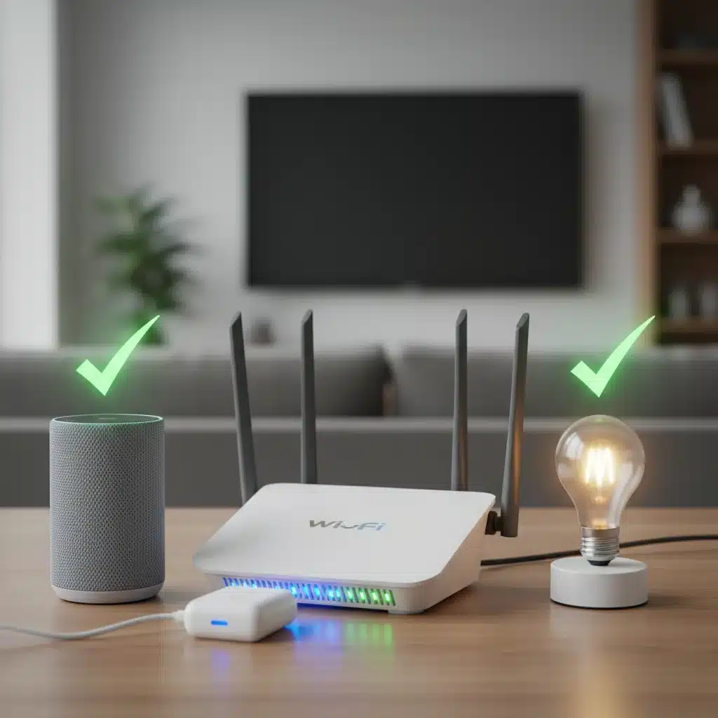 Smart home devices connected to a central Wi-Fi router.