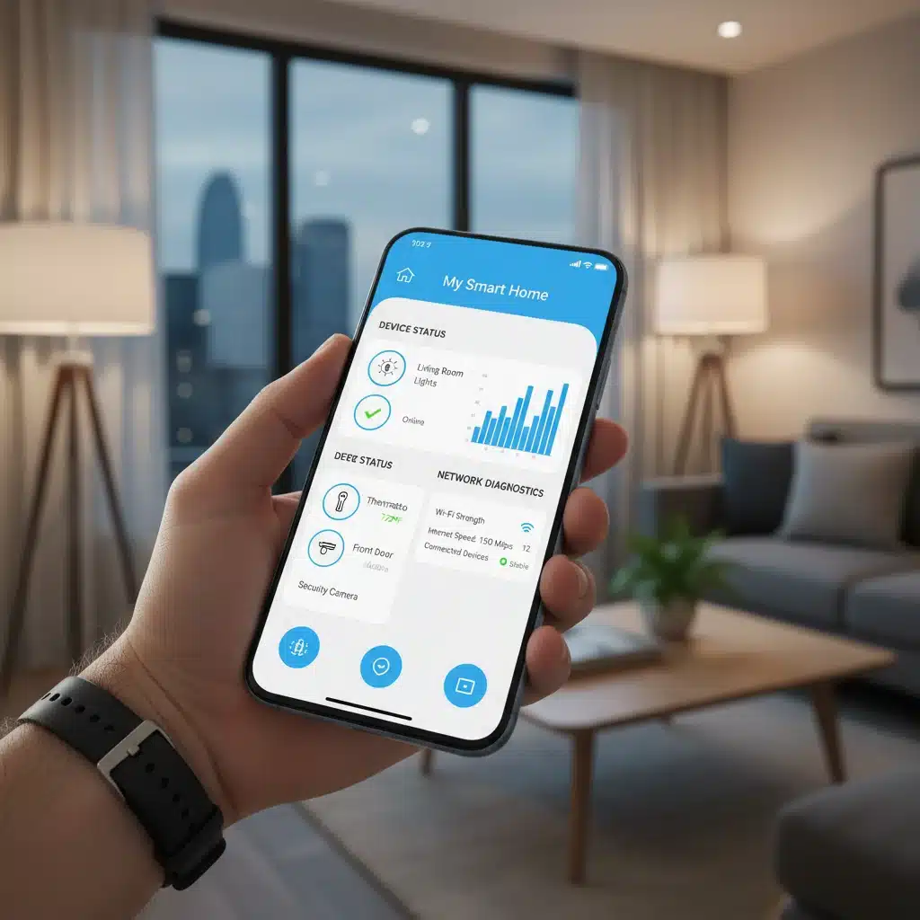 Smartphone displaying a smart home control app with diagnostic tools.