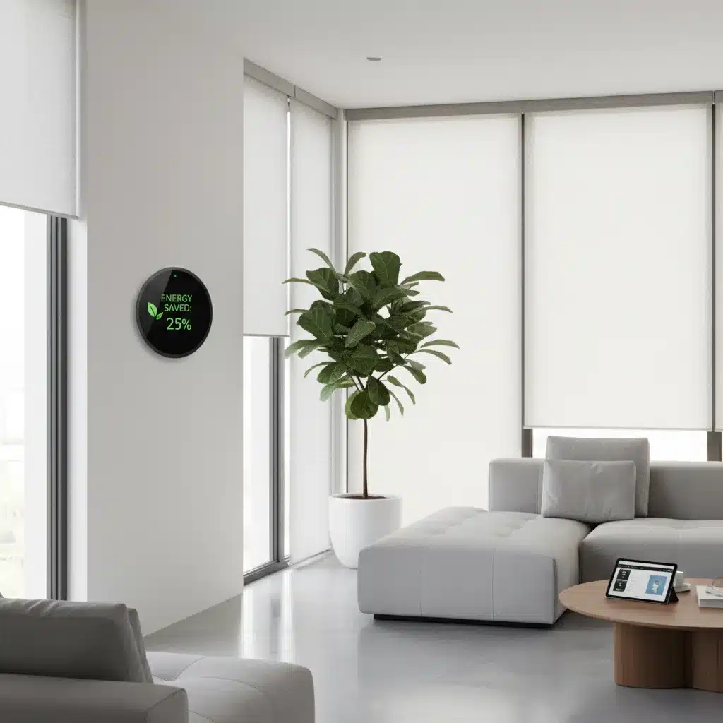 Smart home living room with energy-saving thermostat and automated blinds