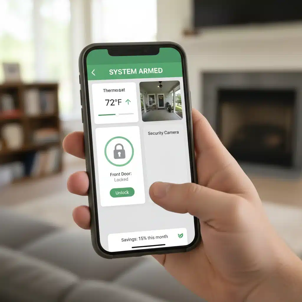 Homeowner controlling smart security system via smartphone app