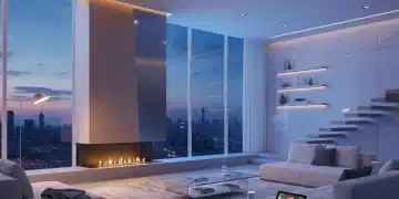 Modern living room with dynamic smart lighting scenes at dusk
