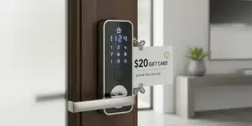 Modern smart lock on a wooden door with a $20 gift card, symbolizing a special offer.