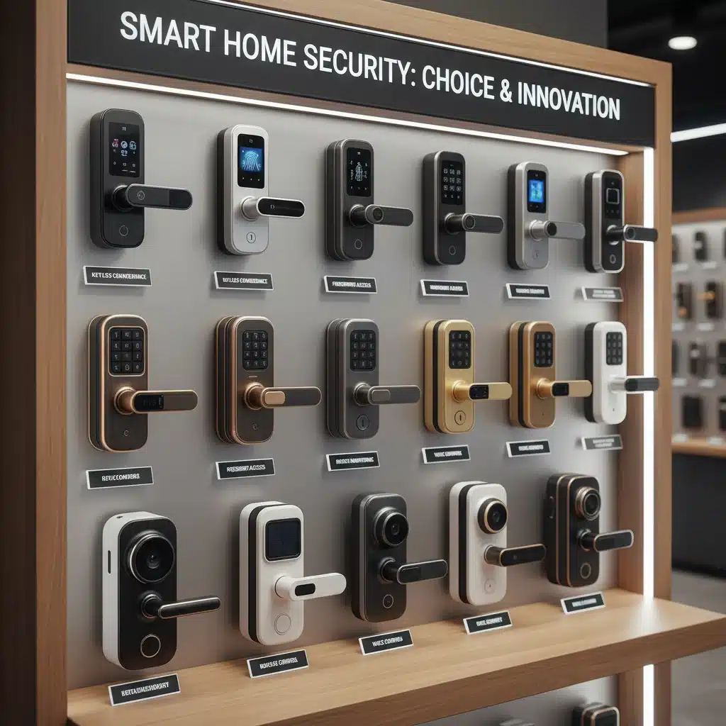 Assortment of smart lock models on a display shelf, illustrating variety and innovation.