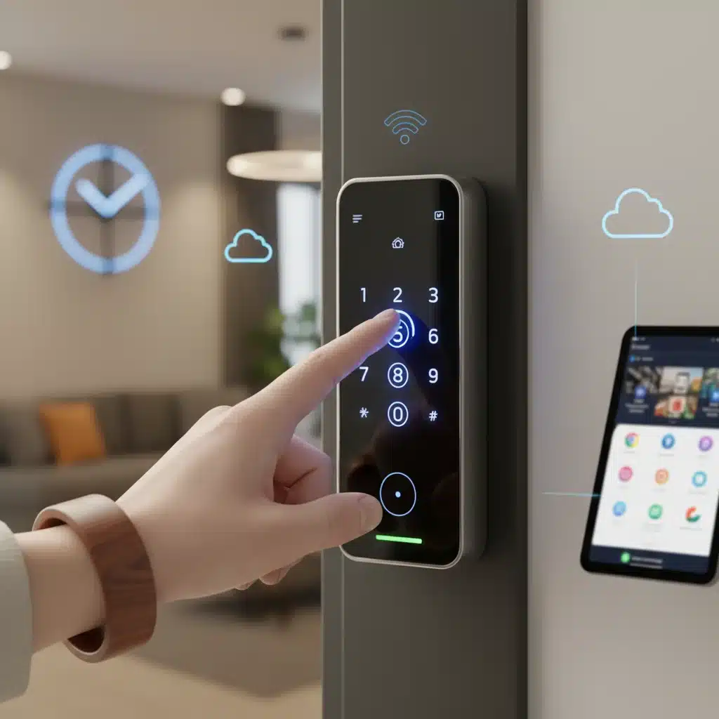 Hand operating a smart lock touchscreen keypad, showcasing user-friendly access.