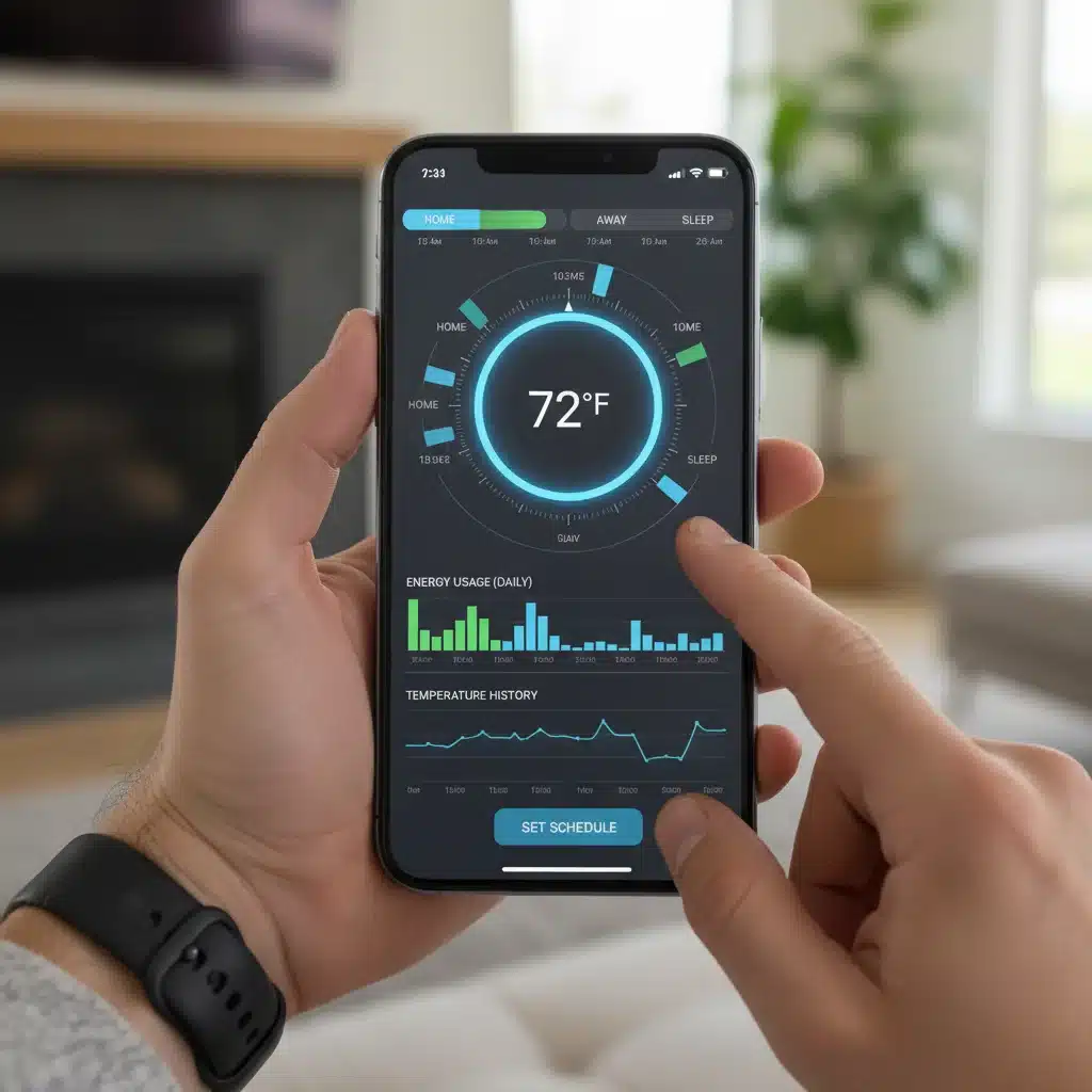 Smartphone displaying smart thermostat app for scheduling and energy tracking