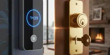 Smart lock with digital keypad next to a traditional deadbolt, illustrating modern versus classic home security