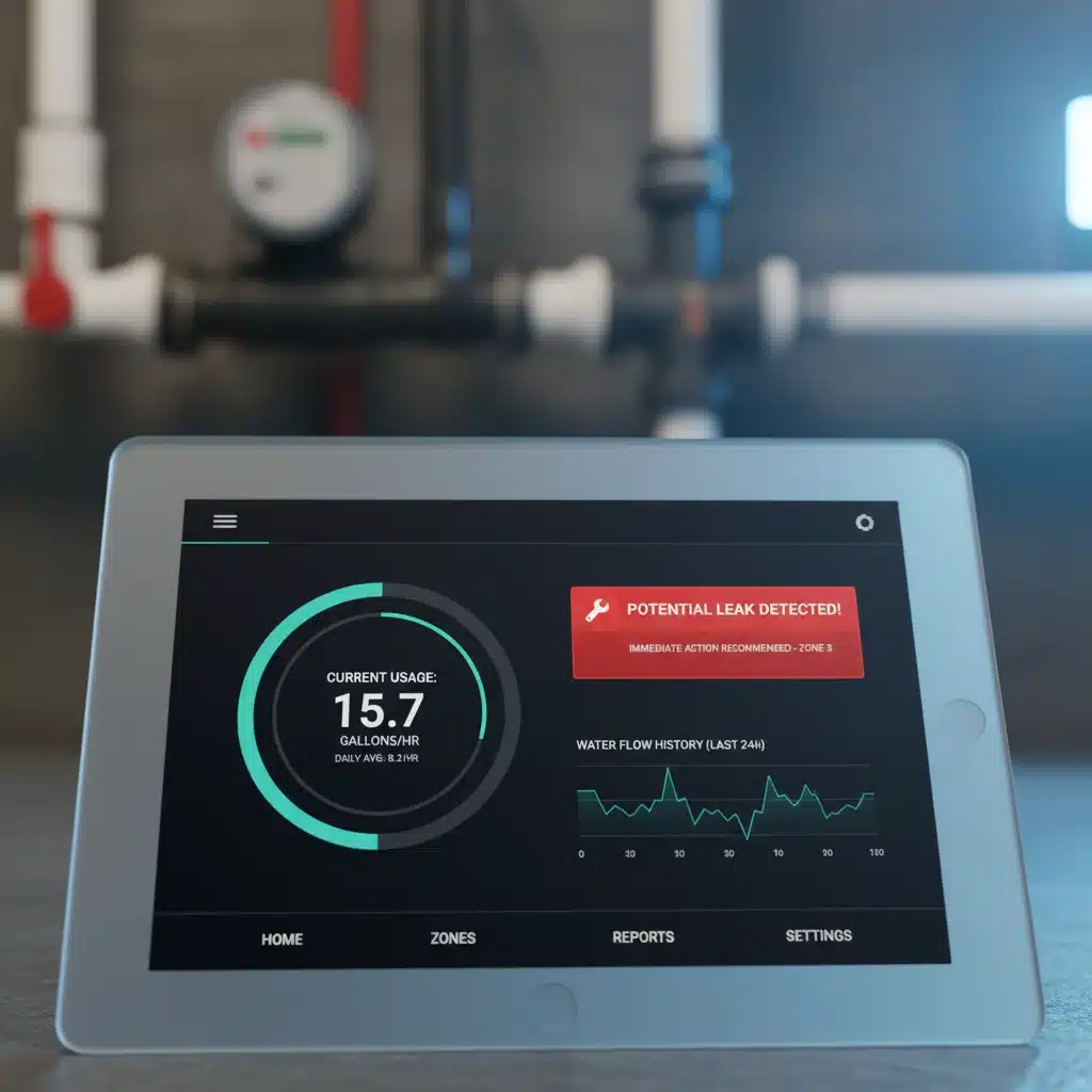 Smart water management system interface displaying usage and leak detection