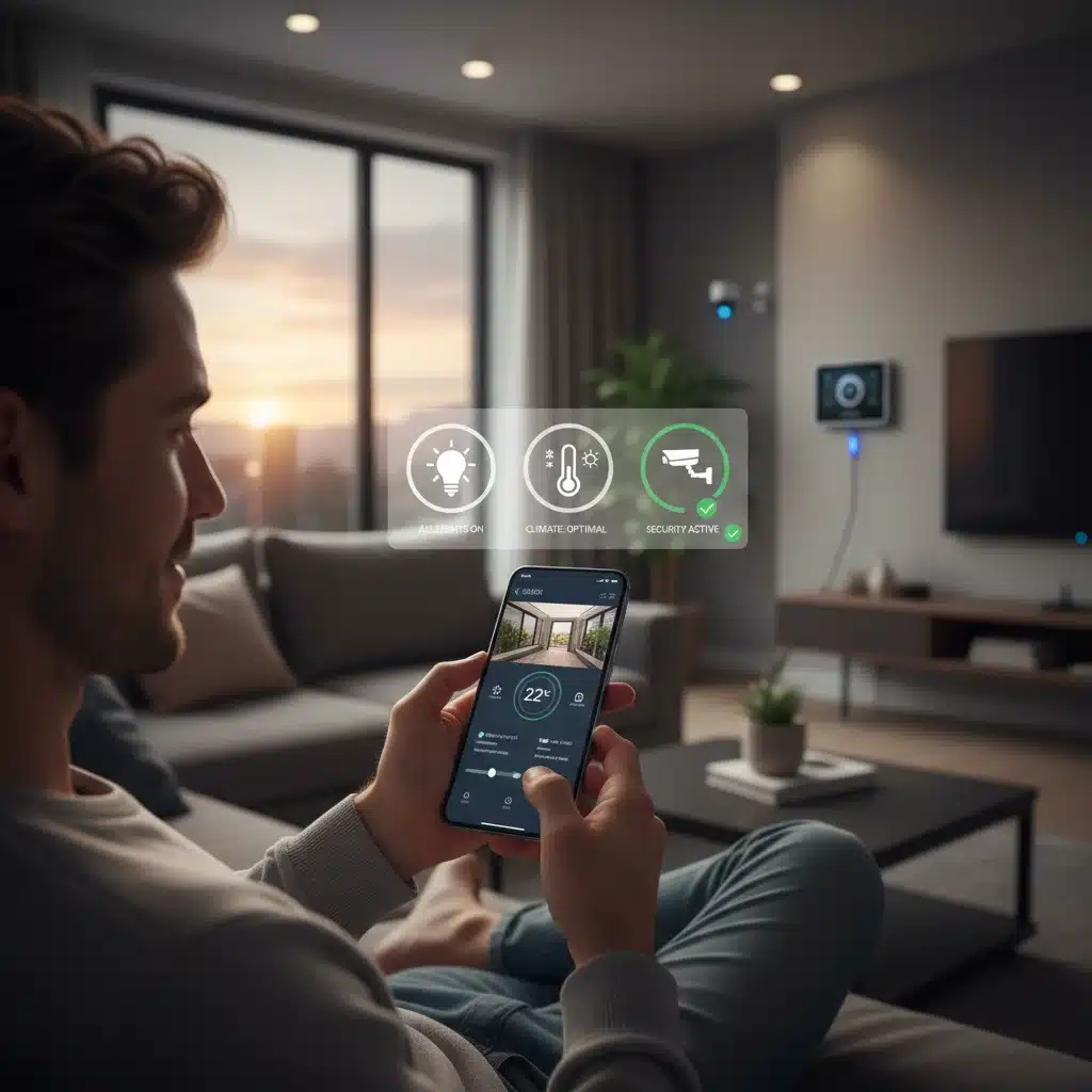 Person using a smartphone app to control smart home devices, demonstrating home automation convenience.