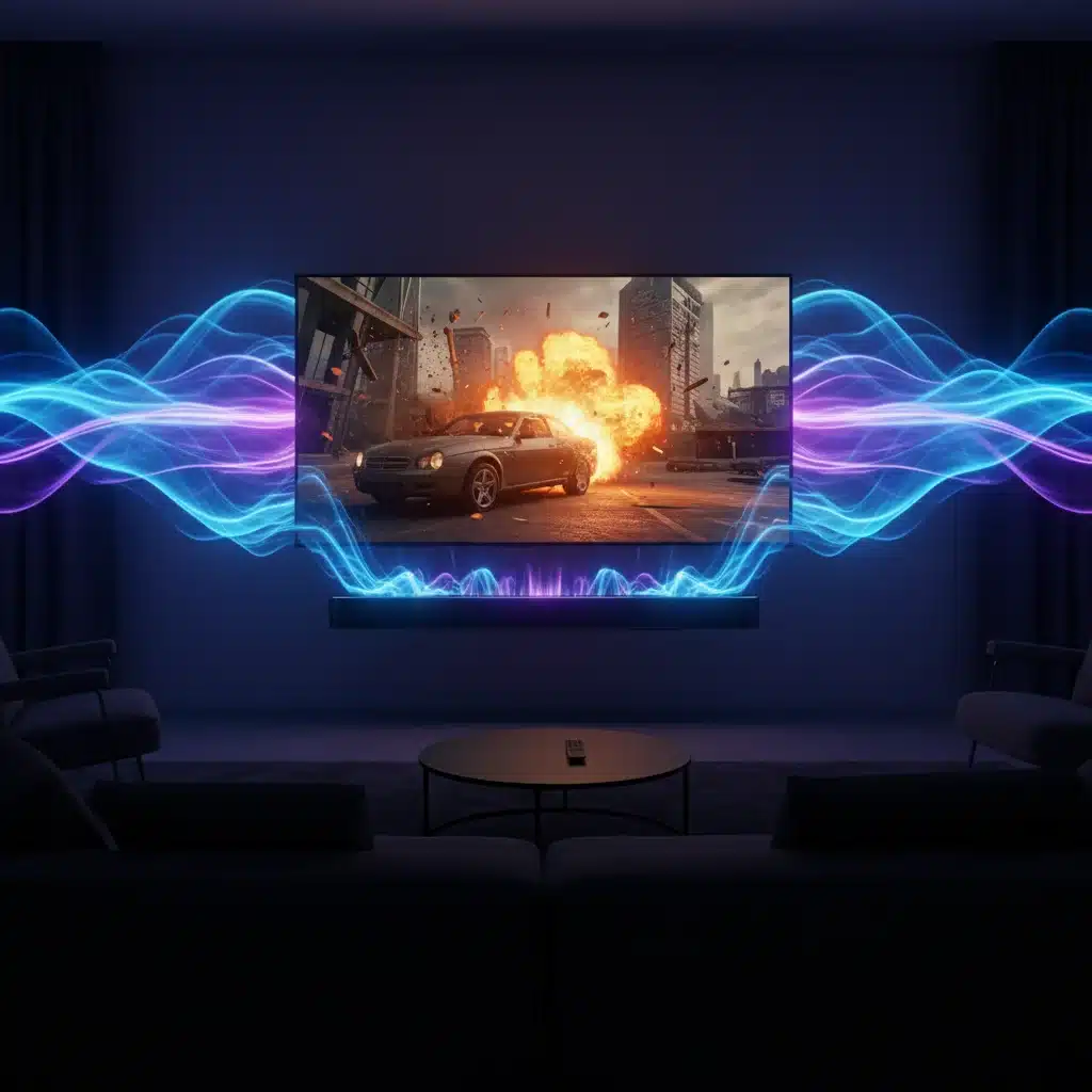Soundbar producing immersive sound waves for cinematic experience