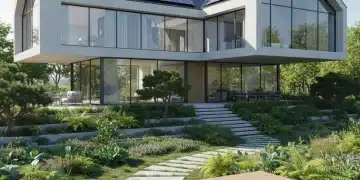 Modern sustainable smart home with solar panels and green landscaping