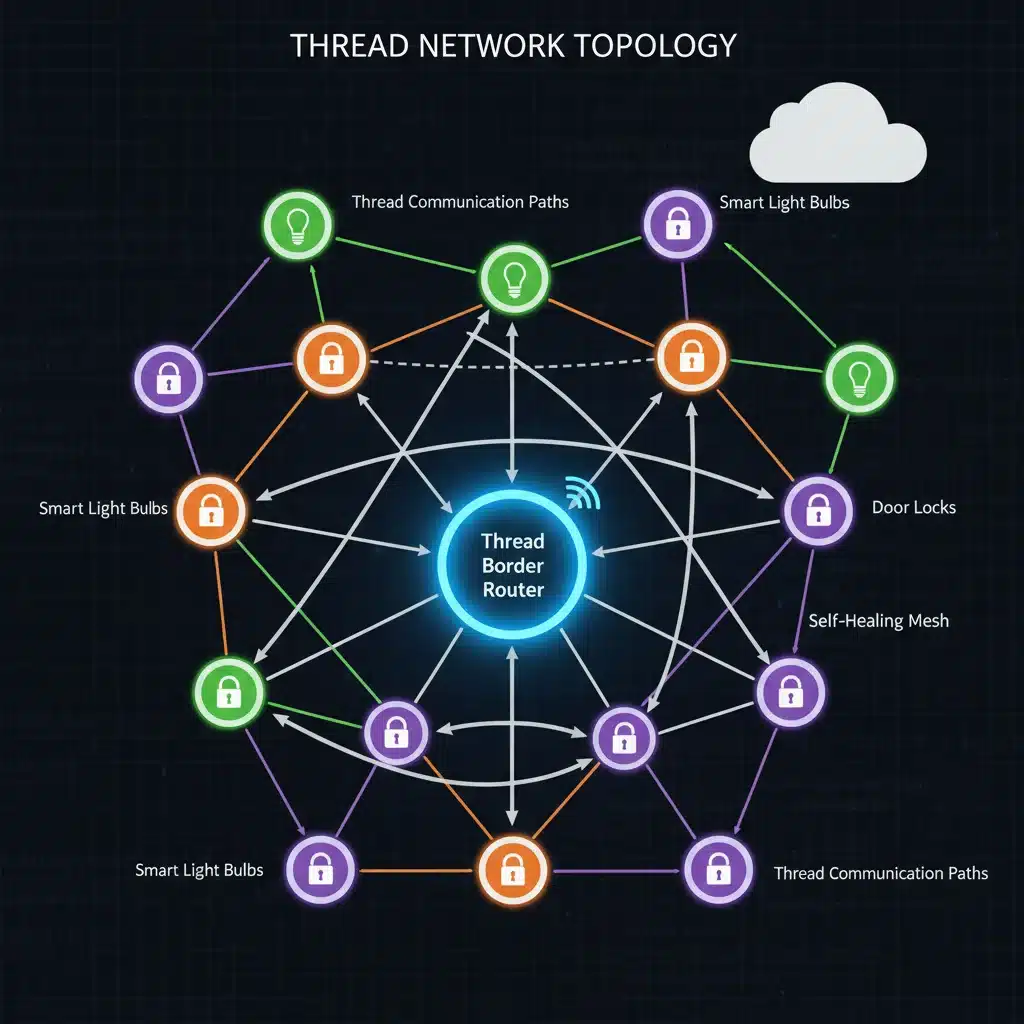 Detailed diagram of a Thread mesh network showing device communication paths
